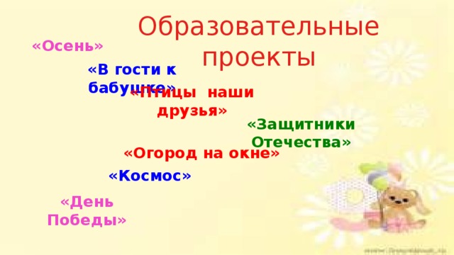 Образовательные проекты «Осень» «В гости к бабушке» «Птицы наши друзья» «Защитники Отечества» «Огород на окне» «Космос» «День Победы» 
