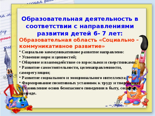 Образовательная деятельность в соответствии с направлениями развития детей 6- 7 лет: Образовательная область «Социально – коммуникативное развитие»  Социально коммуникативное развитие направлено:  Усвоение норм и ценностей;  Общение и взаимодействие со взрослыми и сверстниками;  Развитие самостоятельности, целенаправленности, саморегуляции;  Развитие социального и эмоционального интеллекта;  Формирование позитивных установок к труду и творчеству;  Становление основ безопасного поведения в быту, социуме, природе . 