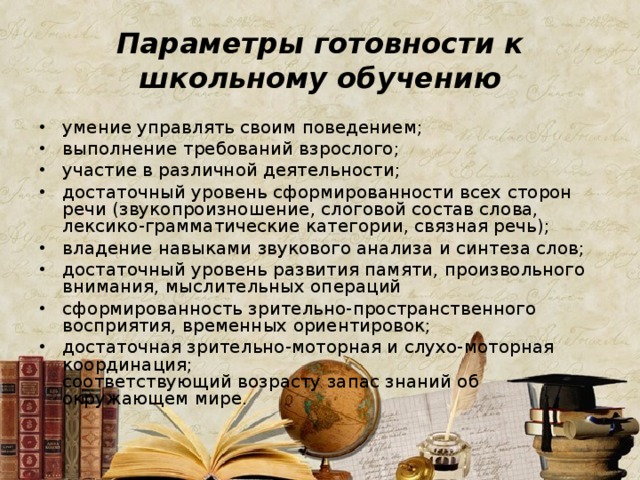Параметры готовности к школьному обучению умение управлять своим поведением; выполнение требований взрослого; участие в различной деятельности; достаточный уровень сформированности всех сторон речи (звукопроизношение, слоговой состав слова, лексико-грамматические категории, связная речь); владение навыками звукового анализа и синтеза слов; достаточный уровень развития памяти, произвольного внимания, мыслительных операций сформированность зрительно-пространственного восприятия, временных ориентировок; достаточная зрительно-моторная и слухо-моторная координация;  соответствующий возрасту запас знаний об окружающем мире.    