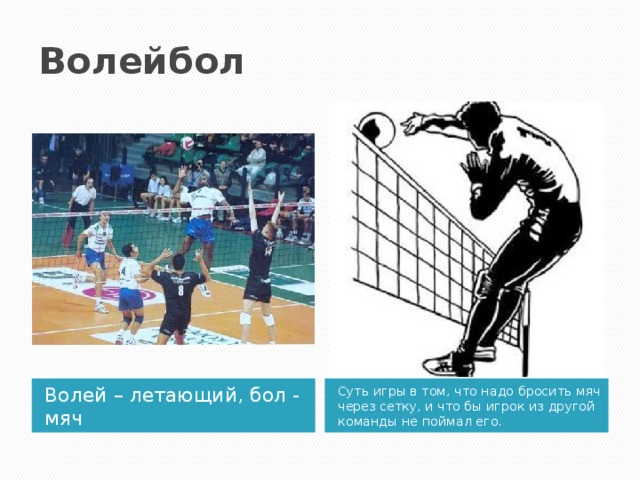 Волейбол Волей – летающий, бол - мяч Суть игры в том, что надо бросить мяч через сетку, и что бы игрок из другой команды не поймал его. 