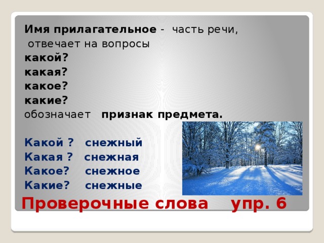 Имя прилагательное - часть речи,  отвечает на вопросы какой? какая? какое? какие? обозначает признак предмета.  Какой ? снежный Какая ? снежная Какое? снежное Какие? снежные Проверочные слова упр. 6 
