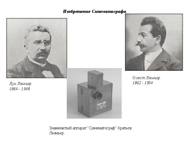 Изобретение Синематографа . Огюст Люмьер  1862 - 1954 Луи Люмьер  1864 - 1948 Знаменитый аппарат 