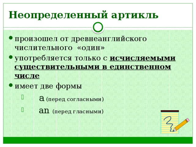Неопределенный артикль произошел от древнеанглийского числительного «один» употребляется только с исчисляемыми существительными в единственном числе имеет две формы   a  (перед согласными)   an (перед гласными)   a  (перед согласными)   an (перед гласными)   a  (перед согласными)   an (перед гласными) 