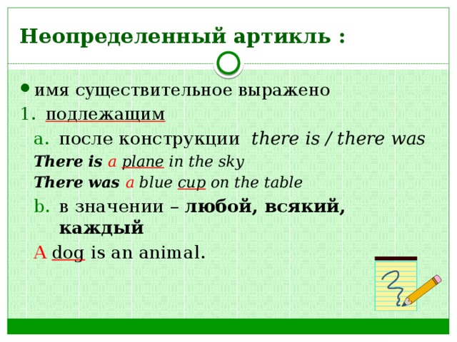 Неопределенный артикль : имя существительное выражено подлежащим после конструкции there is / there was после конструкции there is / there was There is  a  plane in the sky There was a blue cup on the table в значении – любой, всякий, каждый в значении – любой, всякий, каждый A  dog is an animal. 