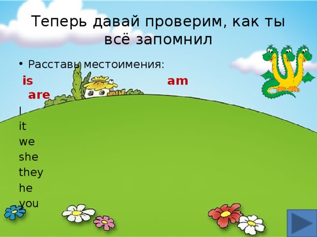Теперь давай проверим, как ты всё запомнил Расставь местоимения:  is am are I it we she they he you 