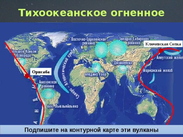 Тихоокеанское огненное кольцо Ключевская Сопка Орисаба Подпишите на контурной карте эти вулканы 