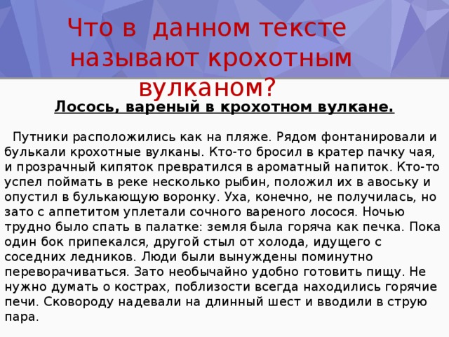 Что в данном тексте называют крохотным вулканом? Лосось, вареный в крохотном вулкане.   Путники расположились как на пляже. Рядом фонтанировали и булькали крохотные вулканы. Кто-то бросил в кратер пачку чая, и прозрачный кипяток превратился в ароматный напиток. Кто-то успел поймать в реке несколько рыбин, положил их в авоську и опустил в булькающую воронку. Уха, конечно, не получилась, но зато с аппетитом уплетали сочного вареного лосося. Ночью трудно было спать в палатке: земля была горяча как печка. Пока один бок припекался, другой стыл от холода, идущего с соседних ледников. Люди были вынуждены поминутно переворачиваться. Зато необычайно удобно готовить пищу. Не нужно думать о кострах, поблизости всегда находились горячие печи. Сковороду надевали на длинный шест и вводили в струю пара. 