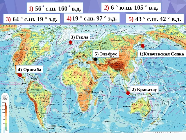 1) 56  ° с.ш. 160  ° в.д. 2) 6 ° ю.ш. 105 ° в.д. 4) 19 ° с.ш. 97 ° з.д. 5) 43 ° с.ш. 42 ° в.д. 3) 64 ° с.ш. 19 ° з.д. 3) Гекла 1)Ключевская Сопка 5) Эльбрус 4) Орисаба 2) Кракатау 