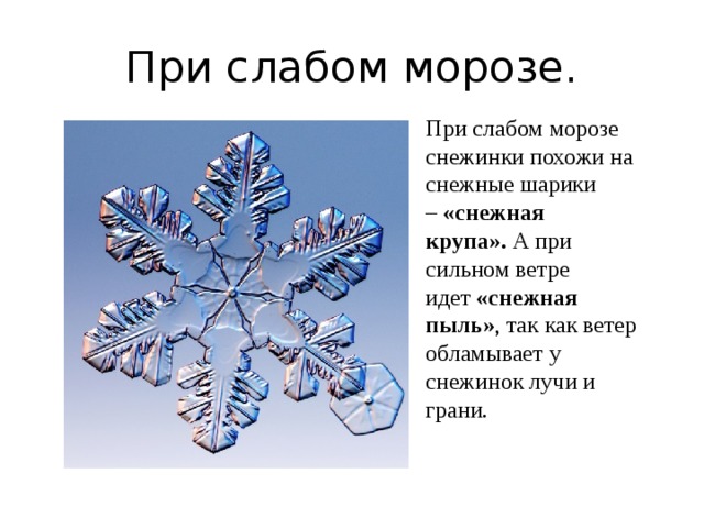 При слабом морозе. При слабом морозе снежинки похожи на снежные шарики –  «снежная крупа».  А при сильном ветре идет  «снежная пыль» , так как ветер обламывает у снежинок лучи и грани. 