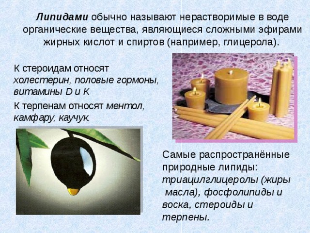 Липидами обычно называют нерастворимые в воде органические вещества, являющиеся сложными эфирами жирных кислот и спиртов (например, глицерола).   К стероидам относят холестерин, половые гормоны, витамины D и К   К терпенам относят ментол, камфару, каучук.  Самые распространённые природные липиды: триацилглицеролы (жиры масла), фосфолипиды и воска, стероиды и терпены.  