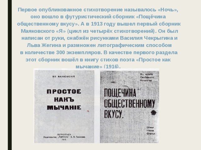 Первое опубликованное стихотворение называлось «Ночь», оно вошло в футуристический сборник «Пощёчина общественному вкусу». А в 1913 году вышел первый сборник  Маяковского «Я» (цикл из четырёх стихотворений). Он был  написан от руки, снабжён рисунками Василия Чекрыгина и  Льва Жегина и размножен литографическим способом  в количестве 300 экземпляров. В качестве первого раздела этот сборник вошёл в книгу стихов поэта «Простое как мычание» (1916). 