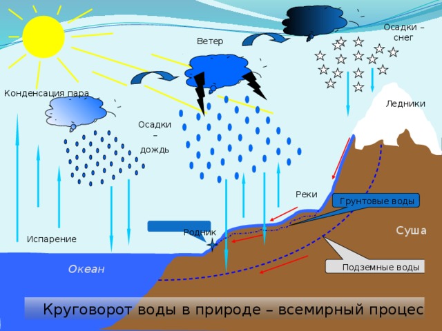 Осадки – снег Ветер Конденсация пара Ледники Осадки – дождь Реки Грунтовые воды Суша Родник Испарение Подземные воды Океан  Круговорот воды в природе – всемирный процесс 