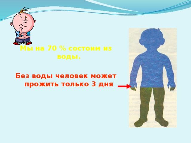 Мы на 70 % состоим из воды. Без воды человек может прожить только 3 дня  