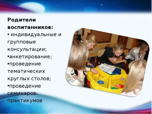 Родители воспитанников:  индивидуальные и групповые консультации; анкетирование; проведение тематических круглых столов; проведение семинаров-практикумов 