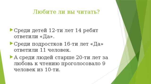  Любите ли вы читать? Среди детей 12-ти лет 14 ребят ответили «Да». Среди подростков 16-ти лет «Да» ответили 11 человек. А среди людей старше 20-ти лет за любовь к чтению проголосовало 9 человек из 10-ти. 