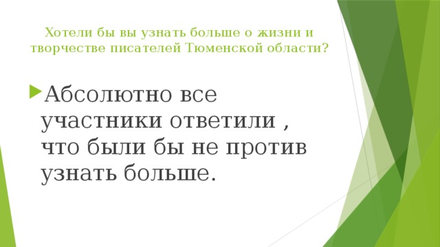 Хотели бы вы узнать больше о жизни и творчестве писателей Тюменской области? Абсолютно все участники ответили , что были бы не против узнать больше. 