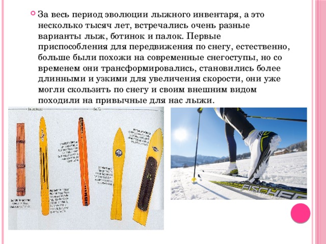 За весь период эволюции лыжного инвентаря, а это несколько тысяч лет, встречались очень разные варианты лыж, ботинок и палок. Первые приспособления для передвижения по снегу, естественно, больше были похожи на современные снегоступы, но со временем они трансформировались, становились более длинными и узкими для увеличения скорости, они уже могли скользить по снегу и своим внешним видом походили на привычные для нас лыжи. 