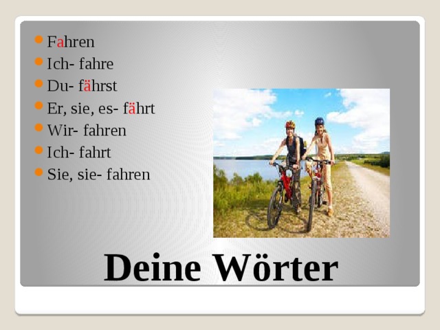 F a hren Ich- fahre Du- f ä hrst Er, sie, es- f ä hrt Wir- fahren Ich- fahrt Sie, sie- fahren Deine Wörter 