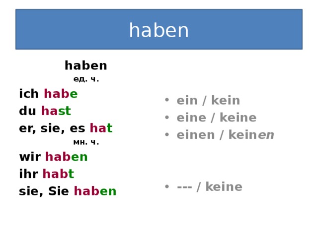 haben haben  ед. ч.  ein / kein eine / keine einen / kein en ich hab e du ha st  er, sie, es ha t  мн. ч. --- / keine wir hab en ihr hab t sie, Sie hab en 
