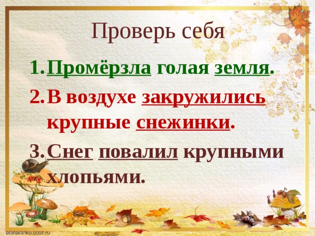 Проверь себя Промёрзла голая земля . В воздухе закружились крупные снежинки . Снег  повалил крупными хлопьями. 