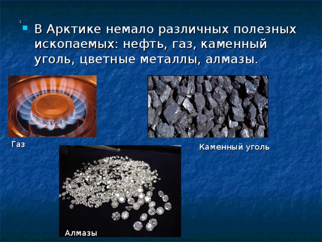 1 В Арктике немало различных полезных ископаемых: нефть, газ, каменный уголь, цветные металлы, алмазы. Газ Каменный уголь Алмазы 