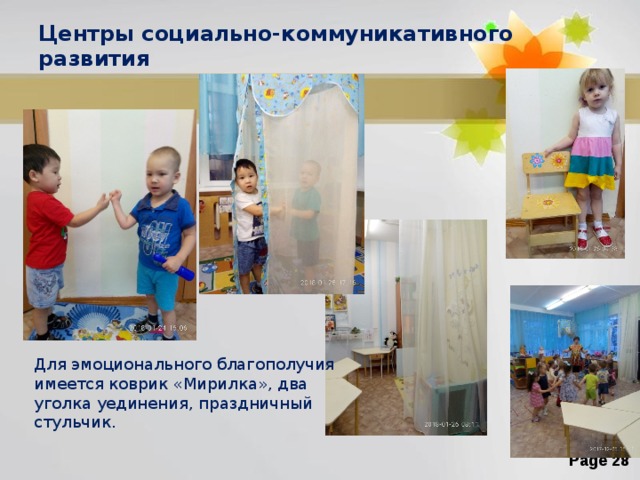 Центры социально-коммуникативного развития Для эмоционального благополучия имеется коврик «Мирилка», два уголка уединения, праздничный стульчик. 