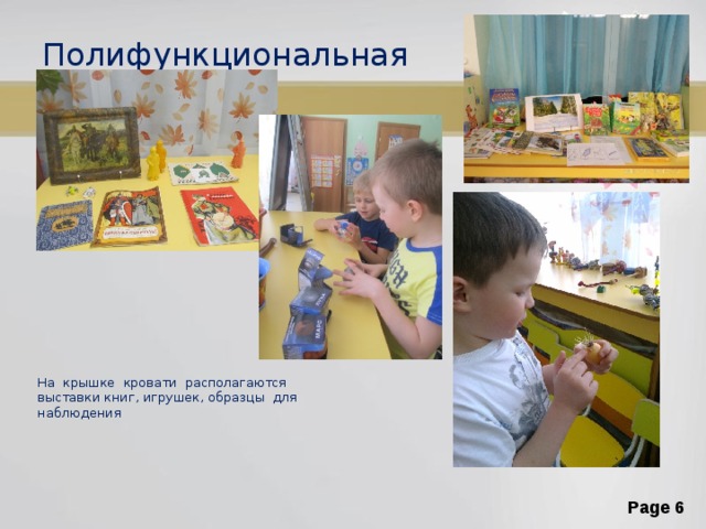 Полифункциональная На крышке кровати располагаются выставки книг, игрушек, образцы для наблюдения 