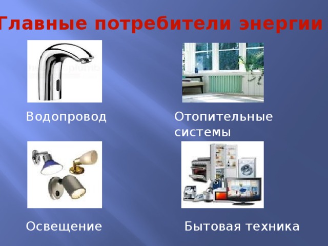 Главные потребители энергии Отопительные системы Водопровод  Освещение  Бытовая техника 
