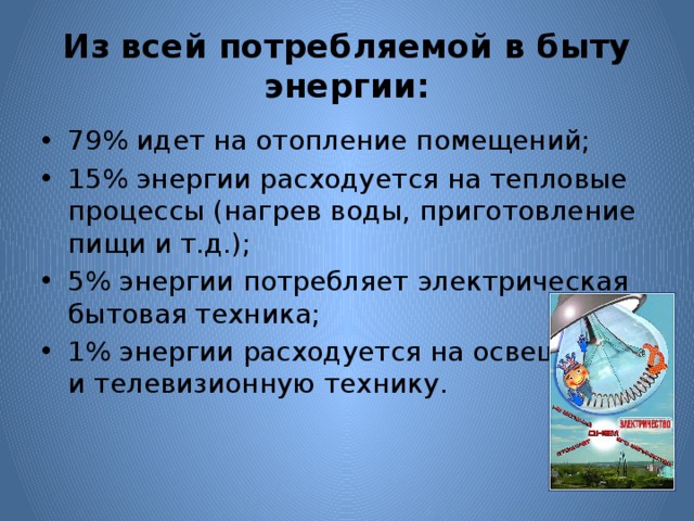 Из всей потребляемой в быту энергии: 79% идет на отопление помещений; 15% энергии расходуется на тепловые процессы (нагрев воды, приготовление пищи и т.д.); 5% энергии потребляет электрическая бытовая техника; 1% энергии расходуется на освещение и телевизионную технику. 