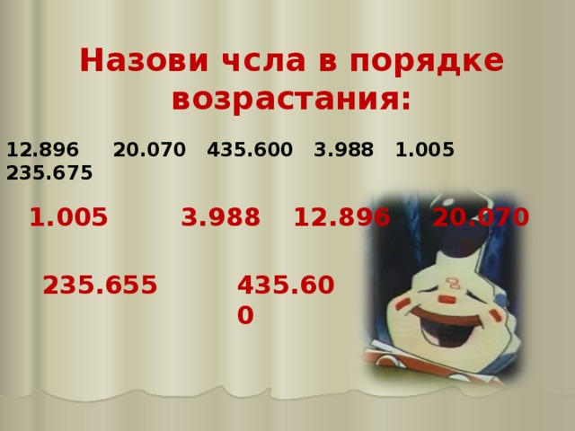 Назови чсла в порядке возрастания: 12.896 20.070 435.600 3.988 1.005 235.675 1.005  3.988  12.896  20.070 235.655 435.600 
