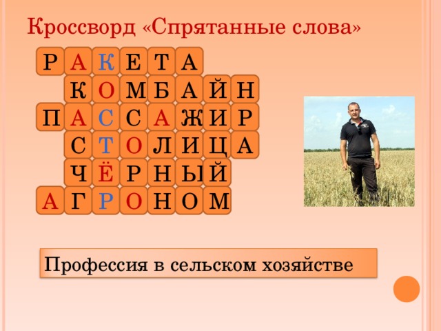 Кроссворд «Спрятанные слова» А А Р Е Т К О М Б А Й Н К С Р А И Ж С А П С А Л Ц И Т О Ы Ч Н Р Й Ё А Г Р Н О М О Профессия в сельском хозяйстве 