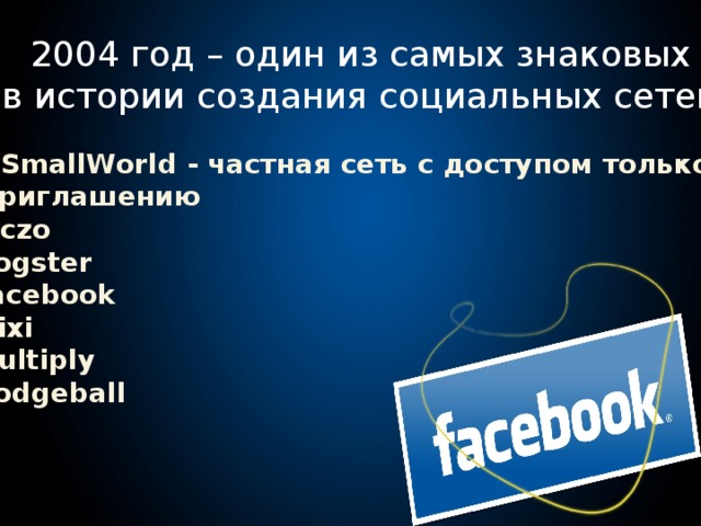 2004 год – один из самых знаковых в истории создания социальных сетей 1. A SmallWorld - частная сеть с доступом только по приглашению 2. Piczo 3. Dogster 4. Facebook 5. Mixi 6. Multiply 7. Dodgeball 