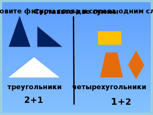Назовите фигуры слева и справа одним словом Составьте две суммы  треугольники четырехугольники 2+1 1+ 2 