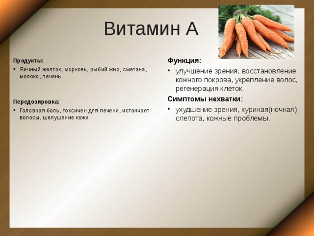 Витамин А Функция: улучшение зрения, восстановление кожного покрова, укрепление волос, регенерация клеток. Симптомы нехватки: ухудшение зрения, куриная(ночная) слепота, кожные проблемы.    Продукты: Яичный желток, морковь, рыбий жир, сметана, молоко, печень.   Передозировка: Головная боль, токсичен для печени, истончает волосы, шелушение кожи. 