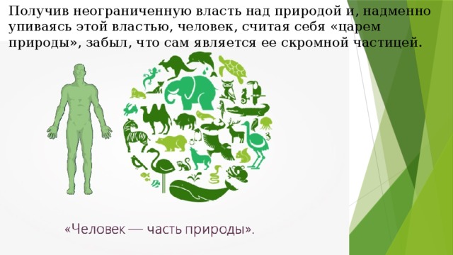 Получив неограниченную власть над природой и, надменно упиваясь этой властью, человек, считая себя «царем природы», забыл, что сам является ее скромной частицей. 