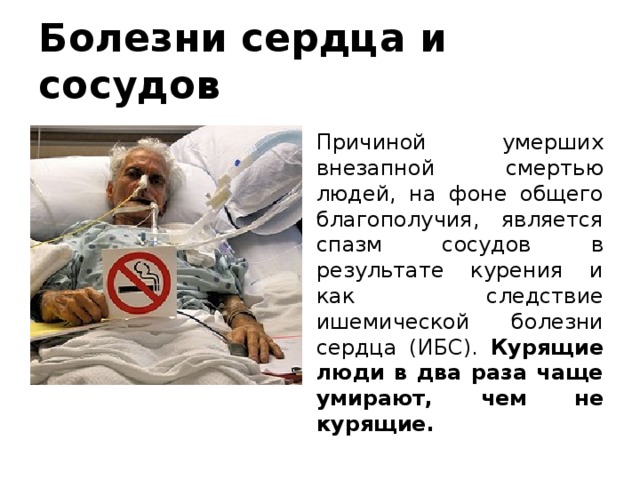 Болезни сердца и сосудов Причиной умерших внезапной смертью людей, на фоне общего благополучия, является спазм сосудов в результате курения и как следствие ишемической болезни сердца (ИБС). Курящие люди в два раза чаще умирают, чем не курящие. 