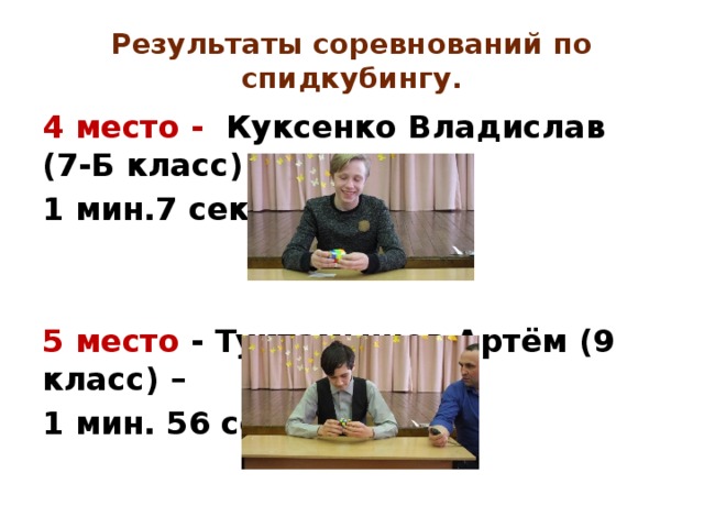 Результаты соревнований по спидкубингу. 4 место - Куксенко Владислав (7-Б класс) – 1 мин.7 сек.   5 место - Туктамышев Артём (9 класс) – 1 мин. 56 сек. 