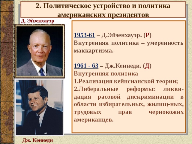 2. Политическое устройство и политика американских президентов Д. Эйзенхауэр 1953-61 – Д.Эйзенхауэр. ( Р ) Внутренняя политика – умеренность маккартизма.  1961 - 63 – Дж.Кеннеди. ( Д ) Внутренняя политика Реализация кейнсианской теории; Либеральные реформы: ликви-дация расовой дискриминации в области избирательных, жилищ-ных, трудовых прав чернокожих американцев.  Дж. Кеннеди 