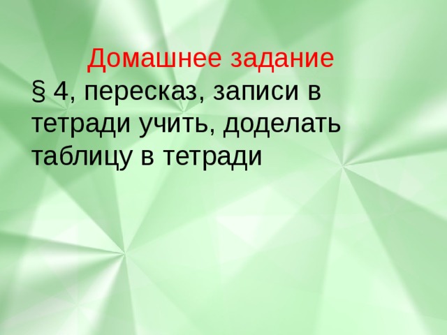 Домашнее задание § 4, пересказ, записи в тетради учить, доделать таблицу в тетради 