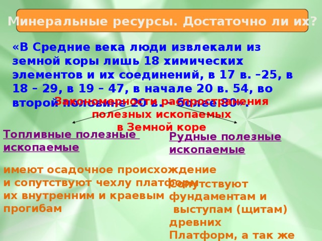 Минеральные ресурсы. Достаточно ли их? «В Средние века люди извлекали из земной коры лишь 18 химических элементов и их соединений, в 17 в. –25, в 18 – 29, в 19 – 47, в начале 20 в. 54, во второй половине 20 в. – более 80». Закономерности распространения полезных ископаемых в Земной коре Топливные полезные ископаемые  имеют осадочное происхождение и сопутствуют чехлу платформ их внутренним и краевым прогибам Рудные полезные ископаемые   Сопутствуют фундаментам и  выступам (щитам) древних Платформ, а так же складчатым областям 