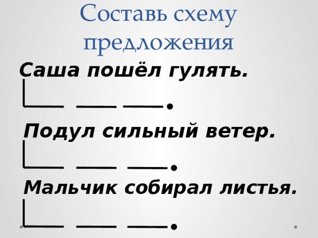 Составь схему предложения Саша пошёл гулять. Подул сильный ветер. Мальчик собирал листья. 