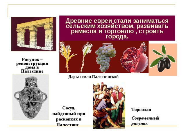 Древние евреи стали заниматься сельским хозяйством, развивать ремесла и торговлю , строить города. Что нового появилось в жизни древних евреев? Рисунок –реконструкция дома в Палестине Дары земли Палестинской Сосуд, найденный при раскопках в Палестине Торговля Современный рисунок 