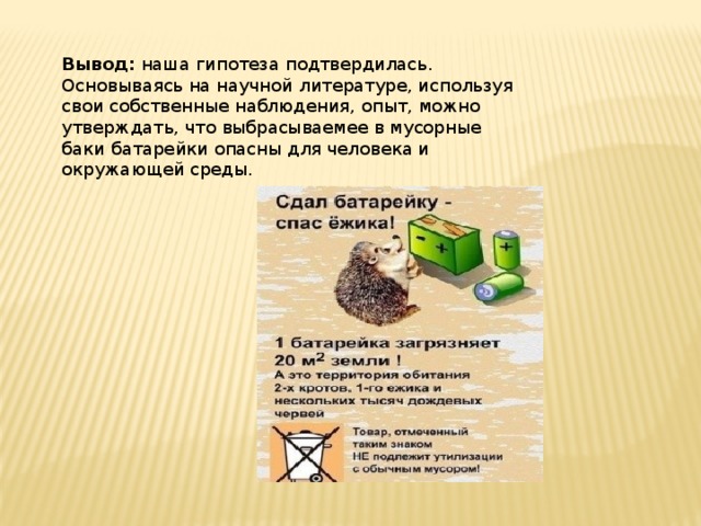 Вывод: наша гипотеза подтвердилась. Основываясь на научной литературе, используя свои собственные наблюдения, опыт, можно утверждать, что выбрасываемее в мусорные баки батарейки опасны для человека и окружающей среды. 