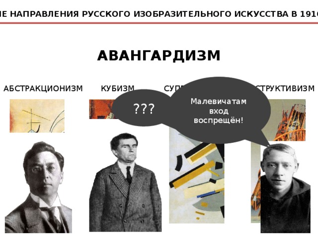 ОСНОВНЫЕ НАПРАВЛЕНИЯ РУССКОГО ИЗОБРАЗИТЕЛЬНОГО ИСКУССТВА В 1910-Х ГОДАХ АВАНГАРДИЗМ Можешь посидеть на геометрии и цвете! Малевичатам вход воспрещён! КУБИЗМ АБСТРАКЦИОНИЗМ СУПРЕМАТИЗМ КОНСТРУКТИВИЗМ ??? 