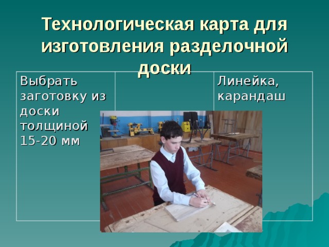Технологическая карта для изготовления разделочной доски Выбрать заготовку из доски толщиной 15-20 мм Линейка, карандаш 
