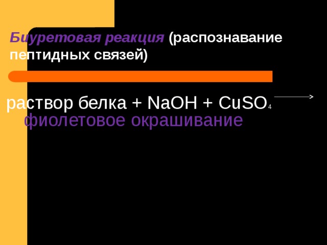        Биуретовая реакция (распознавание пептидных связей)   раствор белка + NaOH + CuSO 4  фиолетовое окрашивание             