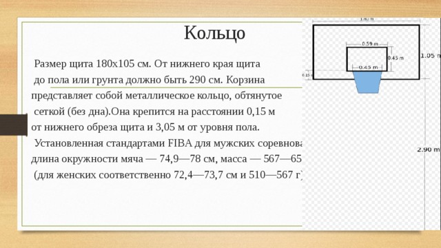 Кольцо  Размер щита 180х105 см. От нижнего края щита  до пола или грунта должно быть 290 см. Корзина представляет собой металлическое кольцо, обтянутое  сеткой (без дна).Она крепится на расстоянии 0,15 м от нижнего обреза щита и 3,05 м от уровня пола.  Установленная стандартами FIBA для мужских соревнований длина окружности мяча — 74,9—78 см, масса — 567—650 г,  (для женских соответственно 72,4—73,7 см и 510—567 г) 