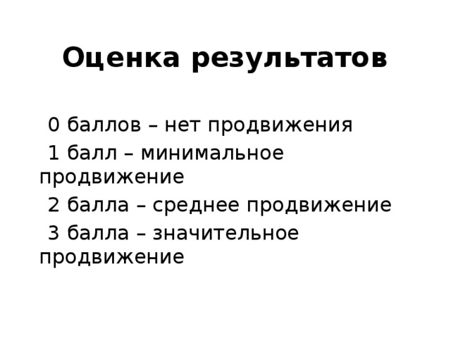 Оценка результатов  0 баллов – нет продвижения  1 балл – минимальное продвижение  2 балла – среднее продвижение  3 балла – значительное продвижение 