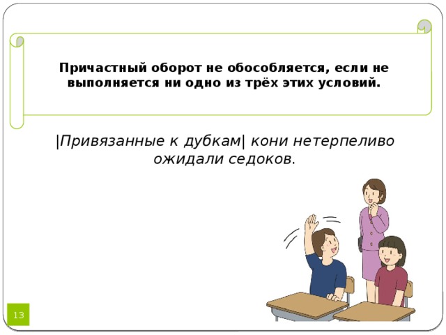 Причастный оборот не обособляется, если не выполняется ни одно из трёх этих условий. |Привязанные к дубкам| кони нетерпеливо ожидали седоков. 12 