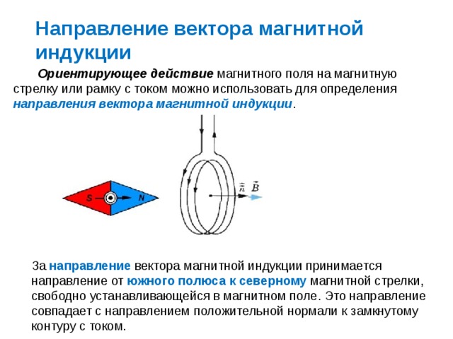 Направление вектора магнитной индукции  Ориентирующее действие магнитного поля на магнитную стрелку или рамку с током можно использовать для определения направления вектора магнитной индукции . За направление вектора магнитной индукции принимается направление от южного полюса к северному магнитной стрелки, свободно устанавливающейся в магнитном поле. Это направление совпадает с направлением положительной нормали к замкнутому контуру с током. 